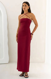 Del Mar Burgundy Crepe Formal Maxi Dress