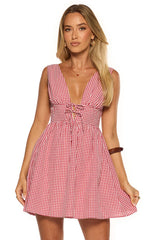 Saffron Red Gingham Tie Mini Dress