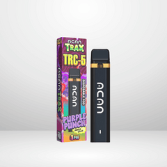 En svart ACAN TRC-5 Engångsvape 95% 1ml står vid sin färgglada låda, som har livlig grafik och ACAN-logotypen, och framhäver den potenta Purple Punch Indica Blend för en smakrik vape-upplevelse.