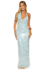 Baron Light Blue Sequin Cowl Maxi Dress