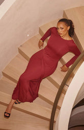 Misaki Burgundy Long Sleeve Wrap Maxi Dress