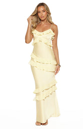 Audra Yellow Ruffle Satin Maxi Dress