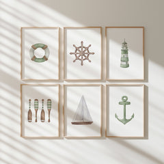 Sage green set of 6 nautical beach house art prints 07-346