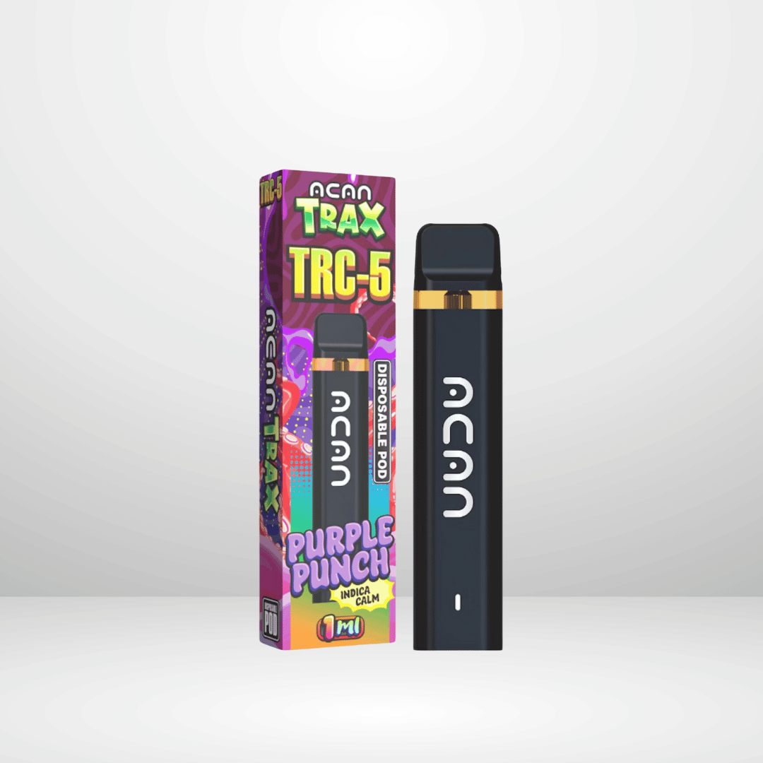 En svart ACAN TRC-5 Engångsvape 95% 1ml står vid sin färgglada låda, som har livlig grafik och ACAN-logotypen, och framhäver den potenta Purple Punch Indica Blend för en smakrik vape-upplevelse.