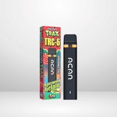 En svart ACAN TRC-5 Engångsvape 95% 1ml står bredvid sin färgglada låda och framhäver smaken Watermelon Gelato med livlig grafik för en välsmakande vape-upplevelse.