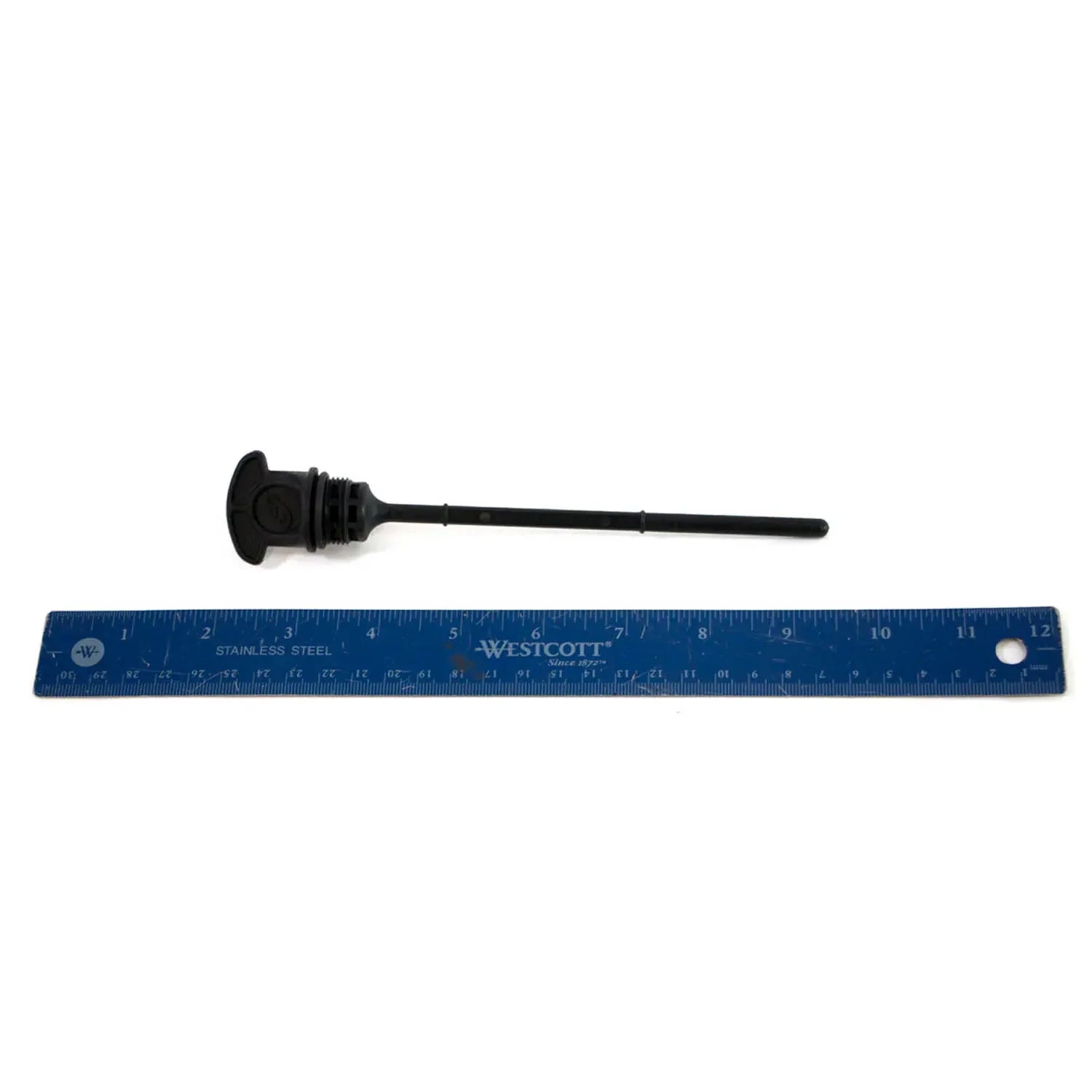 A black Oil Dipstick by Polaris is placed above a blue 12-inch ruler on a white background, showing it measures about 10 inches long.